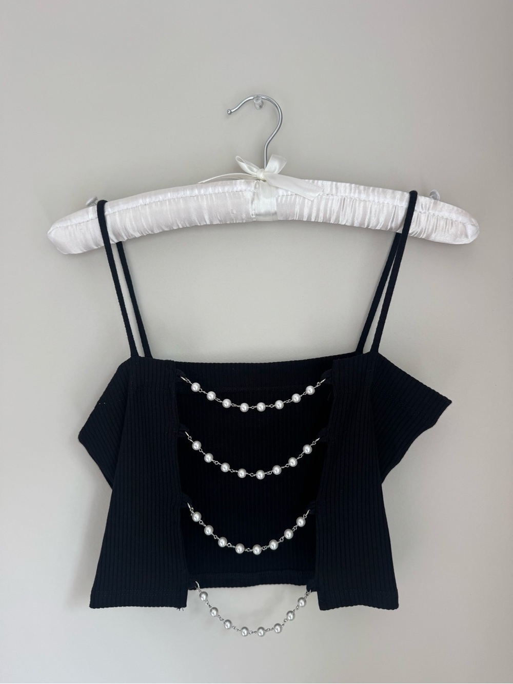 LF Stores Black Ribbed Open Back Pearl Chain Cami Top